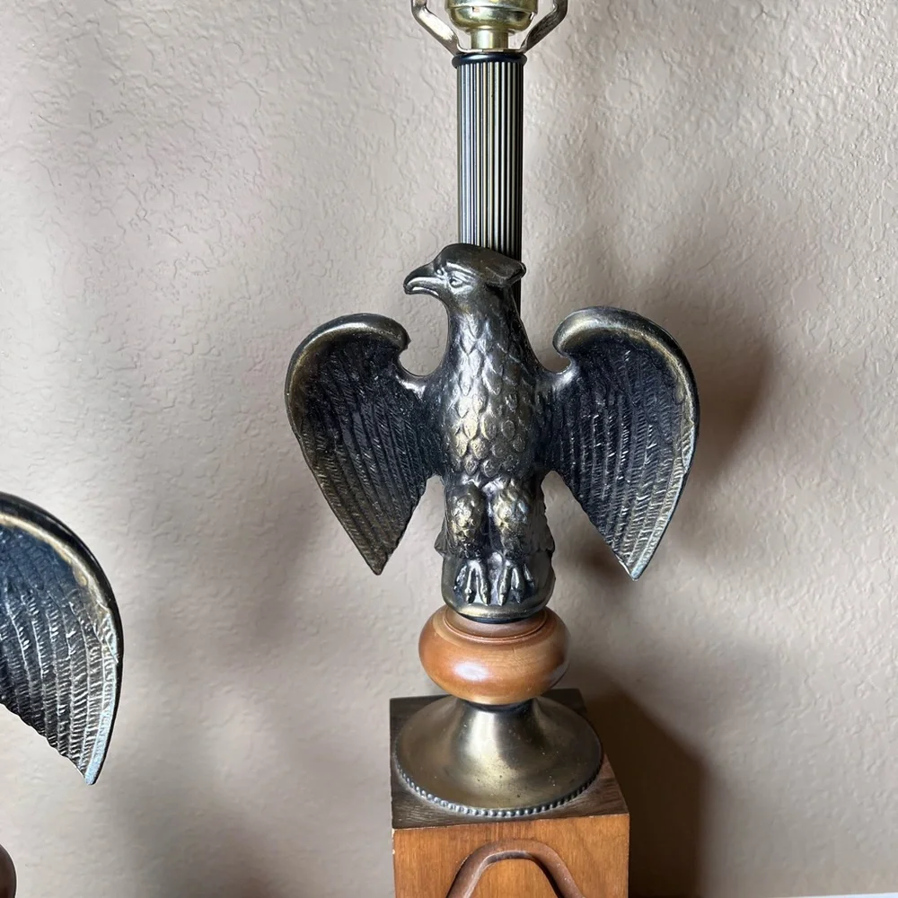 Vintage 1970’s Federal Style Pair American Eagle Lamps, Solid Wood, Brass, Ameri